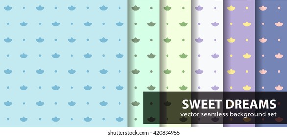 Seamless pattern set "Sweet dreams" with cotton flowers and dots. Vector pastel backgrounds