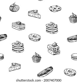 Seamless pattern. Set of sweet food, dessert, bakery. Vector sketch illustrations. Isolated on white background