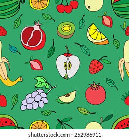 Seamless pattern with set of sweet fruits and berries. Apples, watermelon, grapes, bananas, kiwi, cherry. Food, fruit. Seamless texture. Doodle, cartoon drawing. Vector illustration