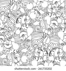 Seamless pattern with set of sweet fruits and berries. Apples, watermelon, grapes, bananas, kiwi, cherry. Food, fruit. Seamless texture. Doodle, cartoon drawing. Vector illustration