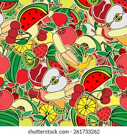 Seamless pattern with set of sweet fruits and berries. Apples, watermelon, grapes, bananas, kiwi, cherry. Food, fruit. Seamless texture. Doodle, cartoon drawing. Vector illustration