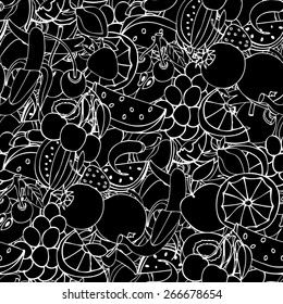 Seamless pattern with set of sweet fruits and berries. Apples, watermelon, grapes, bananas, kiwi, cherry. Food, fruit. Seamless texture. Doodle, cartoon drawing. Vector illustration