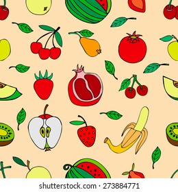 Seamless pattern with set of sweet fruits and berries. Apples, watermelon, grapes, bananas, kiwi, cherry. Food, fruit. Seamless texture. Doodle, cartoon drawing. Vector illustration
