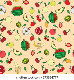 Seamless pattern with set of sweet fruits and berries. Apples, watermelon, grapes, bananas, kiwi, cherry. Food, fruit. Seamless texture. Doodle, cartoon drawing. Vector illustration