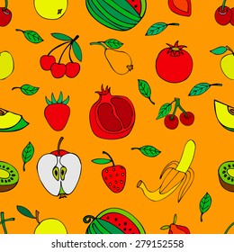 Seamless pattern with set of sweet fruits and berries. Apples, watermelon, grapes, bananas, kiwi, cherry. Food, fruit. Seamless texture. Doodle, cartoon drawing. Vector illustration
