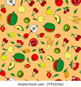 Seamless pattern with set of sweet fruits and berries. Apples, watermelon, grapes, bananas, kiwi, cherry. Food, fruit. Seamless texture. Doodle, cartoon drawing. Vector illustration