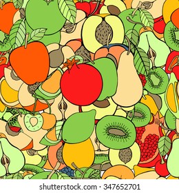 Seamless pattern with set of sweet fruits and berries. Apples, watermelon, grapes, bananas, kiwi, cherry. Food, fruit. Seamless texture. Doodle, cartoon drawing. Vector illustration