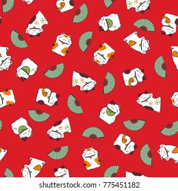 seamless pattern a set symbol maneki neko the attracting cat of good luck with the paws raised up the Japanese tradition and open fan on red background