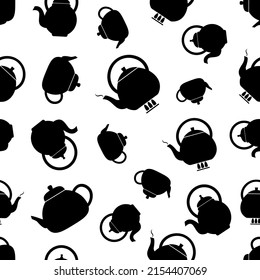 Seamless pattern with set teapots. Black flat icon kettles on white background. Modern design for print on fabric, wrapping paper, wallpaper, packaging. Vector illustration