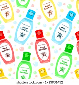 Seamless pattern set template bottle gel sanitizer hand. Antiseptic disinfectant. Modern abstract design for paper cover fabric, decor, other users. Color vector flat doodle realistic white background