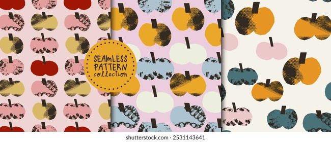 Seamless pattern set with textured different apples in a cute modern style. Vector backgrounds, prints, designs. Food. Fruits