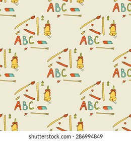 Seamless pattern: a set of things for the school: brush, bell, eraser, ruler, marker, pin. School 