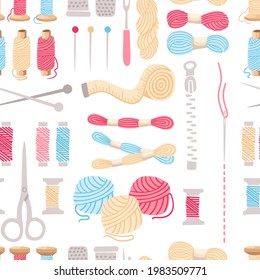 Seamless pattern set of threads for sewing for cross stitching set tools for sewing knitting needles vector wool knitwear yarn thread knitting weaving wool vector illustration on white background