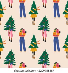 Seamless pattern with  Set of three Girls that are carry christmas tree Vector illustration