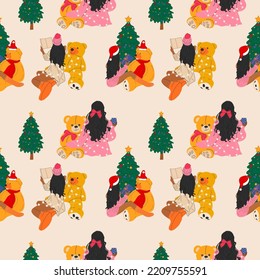 Seamless pattern with  Set of three Girls that are sits with a teddy bear wrapped in a garland near the Christmas tree. Vector in cartoon style. 