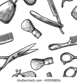 Seamless pattern set tool for BarberShop with comb, razor, shaving brush, scissors and bottle spray. Vector hand drawn vintage engraving for poster, label, banner, web. Isolated on white background