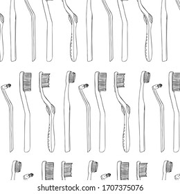 Seamless pattern set toothbrush in a row personal products daily oral hygiene. Abstract design for paper, cover, fabric, decor, other users. Vector flat doodle realistic black outline white background
