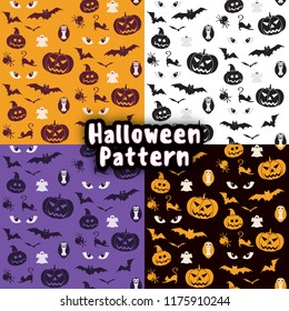 Seamless pattern set with Traditional Halloween day symbols : spider, bat, owl, eyes, ghost. Halloween design for decoration, wrapping papers, greeting cards, web page background