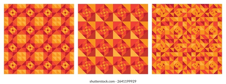Seamless pattern set. Triangle pattern rotated in various pattern sequences. Editable color scheme. Color illusion for 3D effect. Collection of three unique patterns for print. Red orange and yellow.