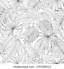 Seamless pattern from a set of tropical or forest leaves in sketch style on an isolated white background, oval, palmate, paired, pinnate, ovoid type