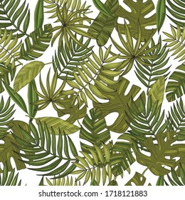 Seamless pattern from a set of tropical or forest leaves with many shades of green on a white background, oval or ovoid type with slices