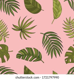 Seamless pattern from a set of tropical or forest leaves with many shades of green on a pink background, oval or ovoid type with slices