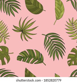 Seamless pattern from a set of tropical or forest leaves with many shades of green on a pink background, oval or ovoid type with slices