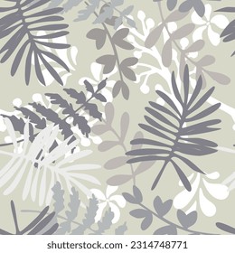 Nahtlose Muster aus tropischen, handgezeichneten Pflanzen im Doodle-Stil. Einfarbiger grauer botanischer Hintergrund für Textilien, Kleidung, Postkarten, Muster, Cover. Vektorgrafik