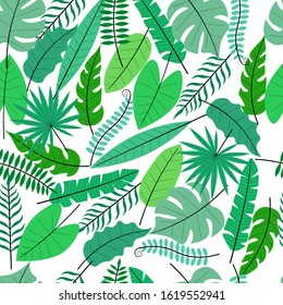 Seamless pattern with a set of tropical leaves in a flat style on a white background. Stock vector illustration for decoration and design, packaging, wallpaper, wrapping paper, fabrics, posters