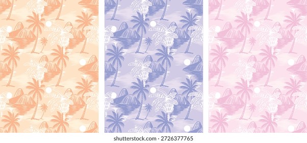 Seamless Pattern set. Tropical Summer Pattern Design. Banana Print. Rio mountain With Sea Seamless pattern Design. Botanical Retro Print design. Shirt print design. summer vibes Palm Tree Pattern