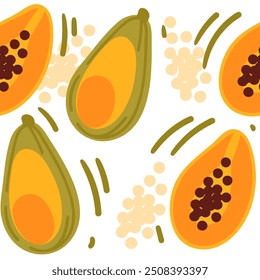 Seamless pattern Set of two papayas, one halved and second whole. Papaya tropical fruit with seeds. Vector illustration on white background