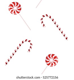 seamless pattern set of two red and white candy sweets. Peppermint candy cane and lollipop. Traditional christmas sweet. striped caramel. For posters, tags, label, banner, wallpaper
