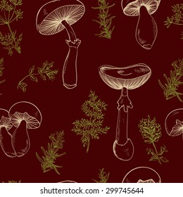 Seamless pattern set with a variety of vintage mushrooms and branches of rosemary, thyme, cumin. Retro hand drawn vector illustration in sketch style