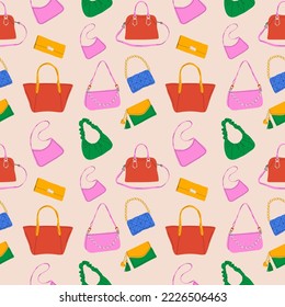 Seamless pattern with Set of various colorful female bags. Womens handbag, cross body, tote, shopper, hobo, clutch, wallet, purse. Fashionable leather accessories. 