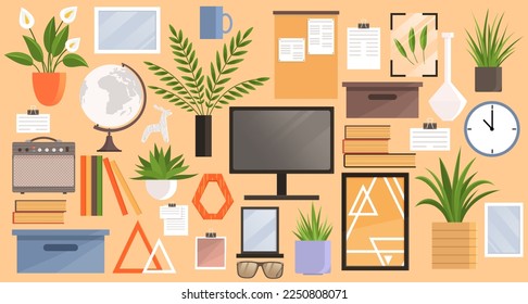 Seamless pattern, set of various items for interior design of living room, office, apartment furnishings. Design of modern home office workplace. Creative office workspace equipment for room interior