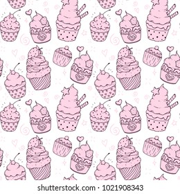 A seamless pattern with a set of vector doodle cute cupcakes, hand drawn, with stars, hearts and strawberries, pink colored