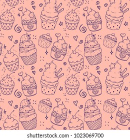 A seamless pattern with a set of vector doodle cute cupcakes, hand drawn, with stars, hearts and strawberries, lineart on pink background