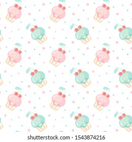 seamless pattern with a set of vector doodle cute cupcakes, hand drawn muffin with dots. Full colored