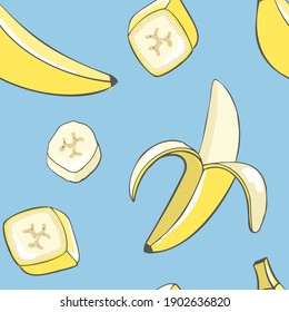 Seamless pattern of a set of vector drawings of different bananas: whole peeled, half peeled, cut in peel, peeled cut. Stylized images on a light blue background.Endless background vector illustration