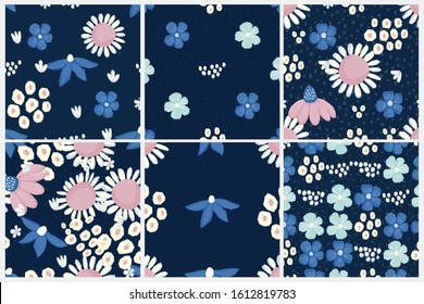 Seamless pattern set. Vector floral design with chamomile and wildflowers. Romantic background print for fabrics and wallpapers.