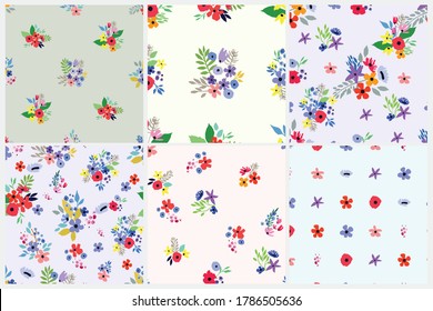 Seamless pattern set. Vector floral design with cute wildflowers. Romantic background collection. Spring nature illustration with flowers.