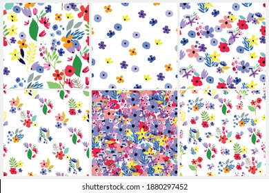 Seamless pattern set. Vector floral design with wildflowers. Romantic background print collection.