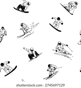 Seamless pattern, Set of vector illustrations of snowboarders, ski, winter sports, monochrome
