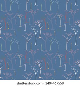 Seamless pattern with a set of vector trees, elements for design. Hand drawn doodle, sketch. Botanical abstract illustration, background.