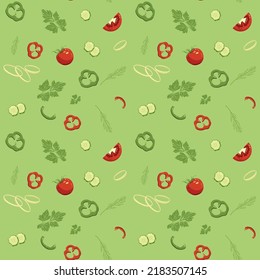 Seamless pattern of a set of vegetables for salad on a green background. Vector illustration for decor and wrapping paper