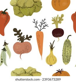 Seamless pattern set of vegetables. Vegetable background. Scandinavian style. Healthy organic food. cucumber cabbage beets turnips carrots onions tomato pepper green peas. Vector illustration