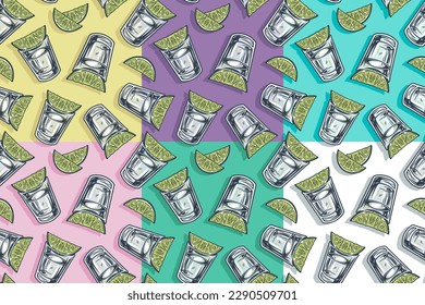 Seamless pattern set or wallpaper collection of cocktail with tequila and lime for bar alcohol menu design