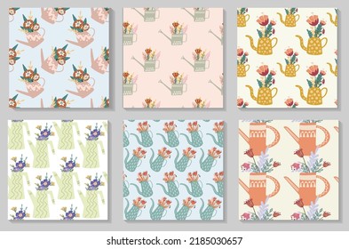 Patrón sin inconvenientes con las latas de agua y las flores. Para textiles, embalaje, papel pintado.