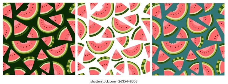 Seamless pattern set with watermelon slices on dark green, white, and teal backgrounds.