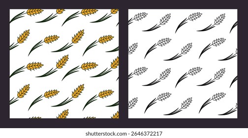 Seamless pattern set with wheat on a white background. Doodle style ornament for printing on fabric, textile and wrapping for autumn festival, harvest, advertising of farm products